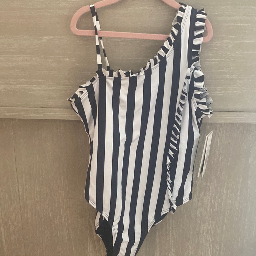Girls Habitual One Shoulder Navy and White Striper Ruffle Bathing Suit!